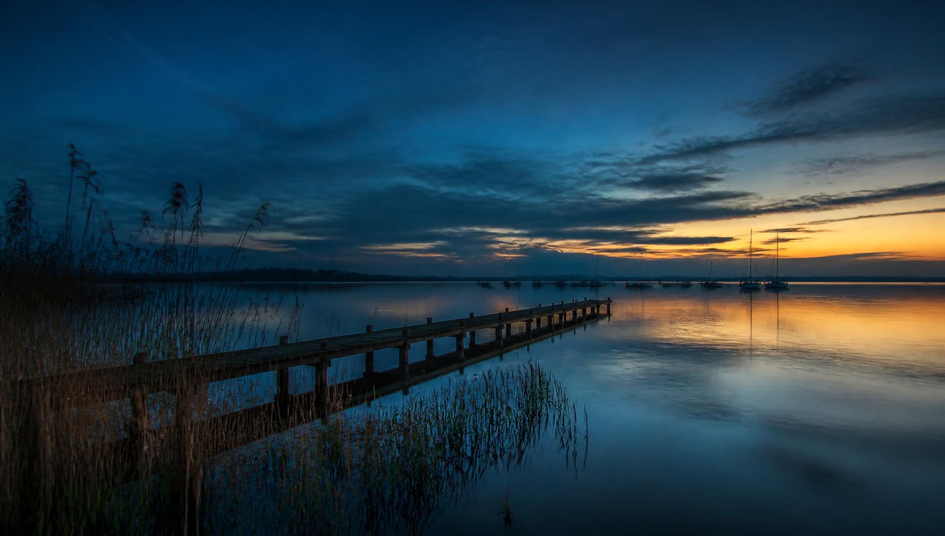Steiger en riet aan het Veluwemeer bij zonsondergang